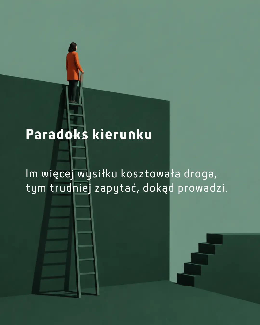 Minimalistyczna ilustracja przedstawiająca kobietę stojącą wysoko nad ziemią na geometrycznej konstrukcji. Obraz symbolizuje refleksję nad kierunkiem życia, zmianą pracy oraz konsekwencjami wieloletnich decyzji zawodowych.