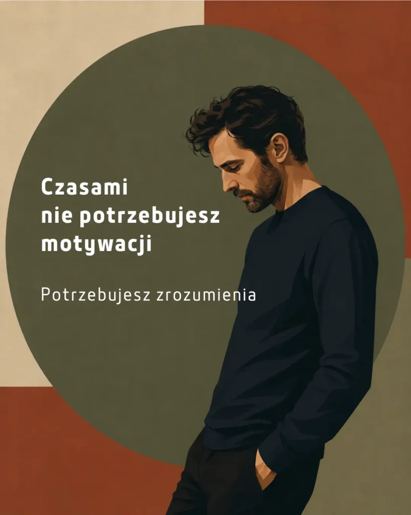 Minimalistyczna ilustracja zamyślonej postaci na tle geometrycznych kształtów w kolorach zieleni i pomarańczu.