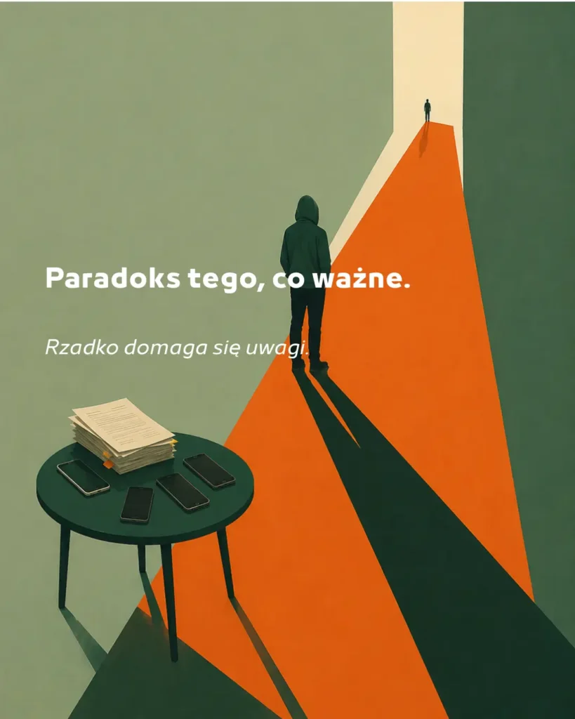 Symboliczna ilustracja przedstawiająca postać stojącą przed otwartym przejściem i stolikiem z telefonami oraz dokumentami.