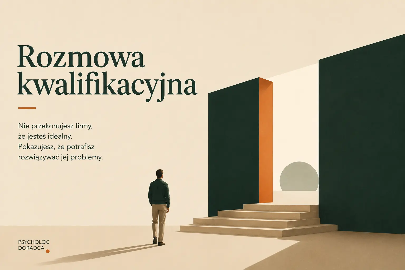 Minimalistyczna ilustracja przedstawiająca osobę stojącą przed schodami prowadzącymi do otwartego przejścia – metafora rozmowy kwalifikacyjnej i nowego etapu kariery.